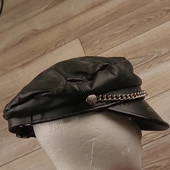 HARLEY DAVIDSON Black Leather Motorcycle Moto Captains Mens Hat Cap‎ VTG RARE